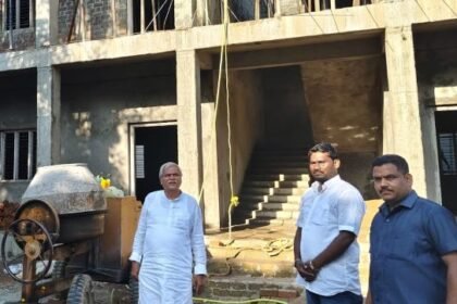Sharanabasappa Goud Darshanapura, Karnataka Minister, inspects new classrooms under construction at a government girls’ college in Shahapur, highlighting urban and rural educational development projects.